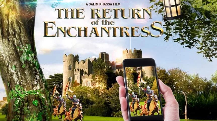 return of enchantress movie poster with a castle and knights on their horse