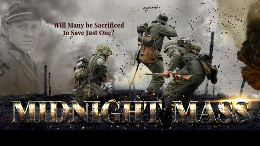 midnight mass movie poster. Soldiers on the battlefield with explosions